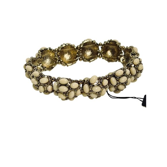 RLG Gold Tone And Small Oval Cream Cabochons Stretch Statement Bracelet (6249) - Picture 3 of 7
